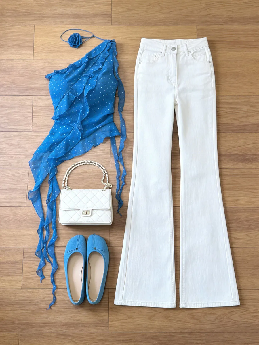 

Parkyeon High Waist Bell Bottom Jeans Set with Sash Elegant Casual Style Women's Fashion T-Shirt And Jeans Combo Summer Wear
