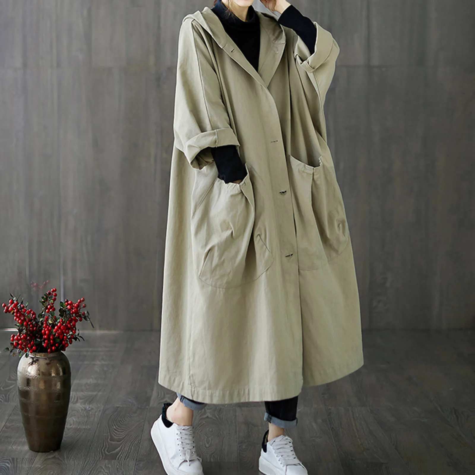 Single Breasted Loose Fitting Big Pocket Long Trench Coat Women Solid Color Hooded Overcoat Comfortable Fashion Windbreaker