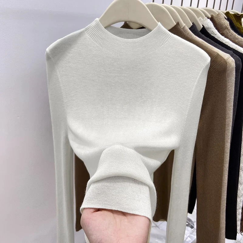 

Fashion Long Sleeve Knitted Sweater Women Pullovers Mock Neck White Black Knit Sweater Pullover Women Tops Sueter Feminino Q715