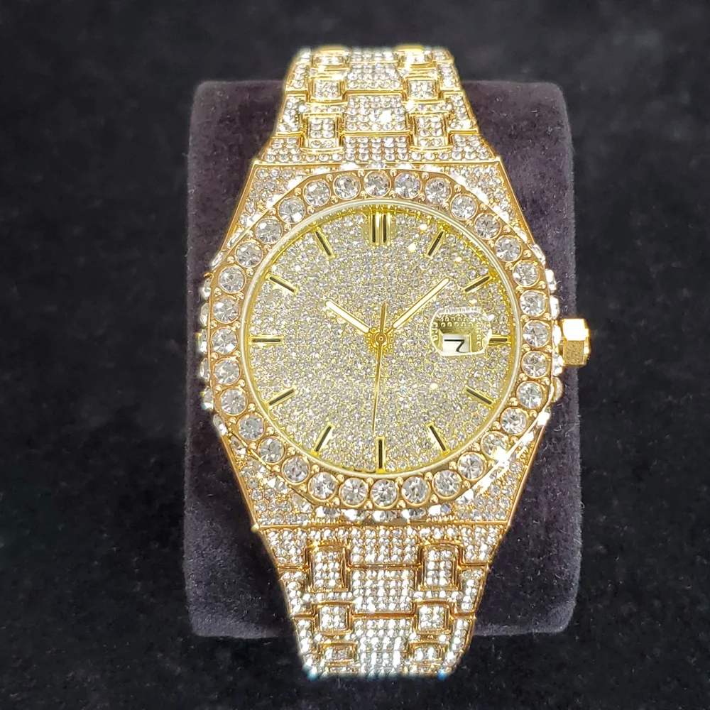 Luxury Diamond Gold Watches for Men Famous Brand Fashion Iced Out Quartz Wristwatch Shiny Stainless Steel Hip Hop Style Watch
