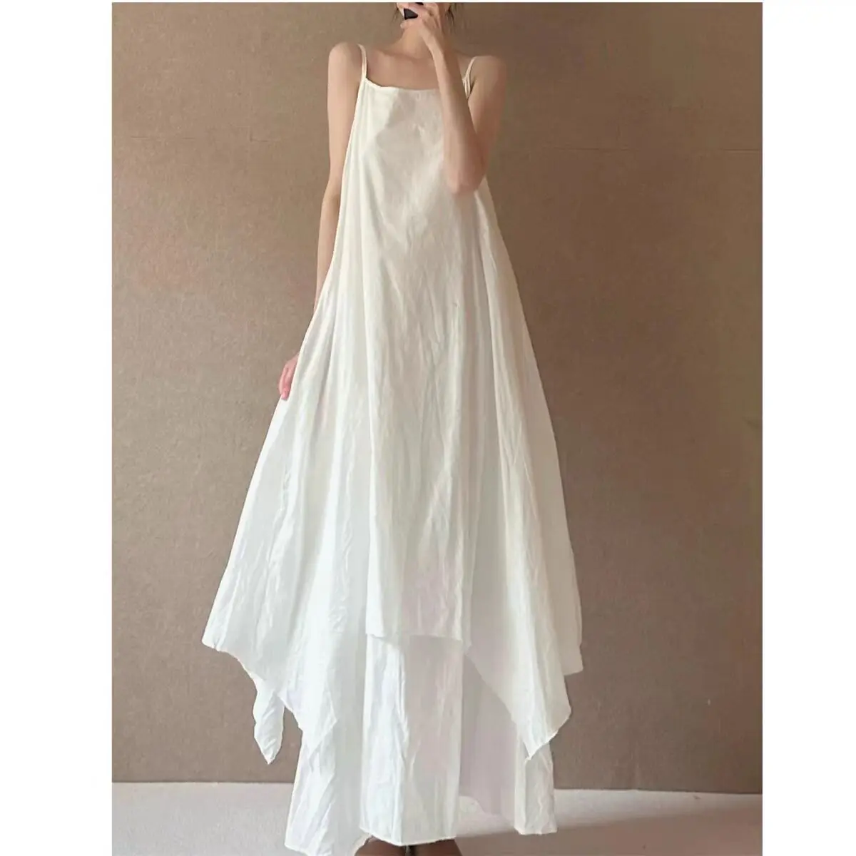 2024 Summer New Solid Cottton Camisole Dress Women Irregular Sleeveless Strap Holiday Casual Loose Long Dress X1138