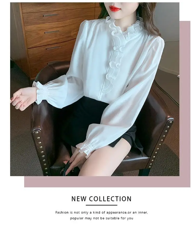 Lace Chiffon Shirt for Women in Spring Standing Collar Flower and Wood Ear Splicing Long Sleeved Elegant Versatile Top