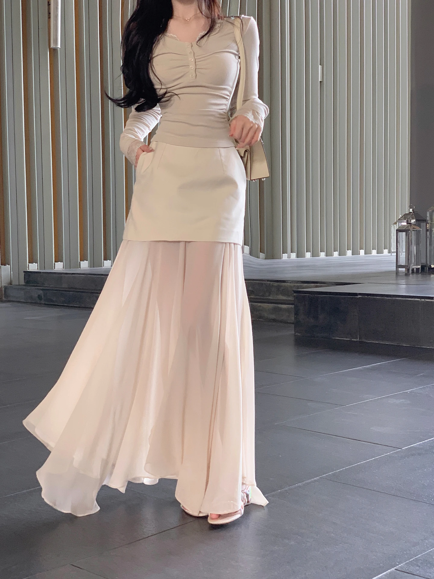 

Новая весенняя длинная юбка-полусолнце из шифона цвета хаки с высокой талией, комбинированная, с эффектом похудения, для женщин, от ByYou