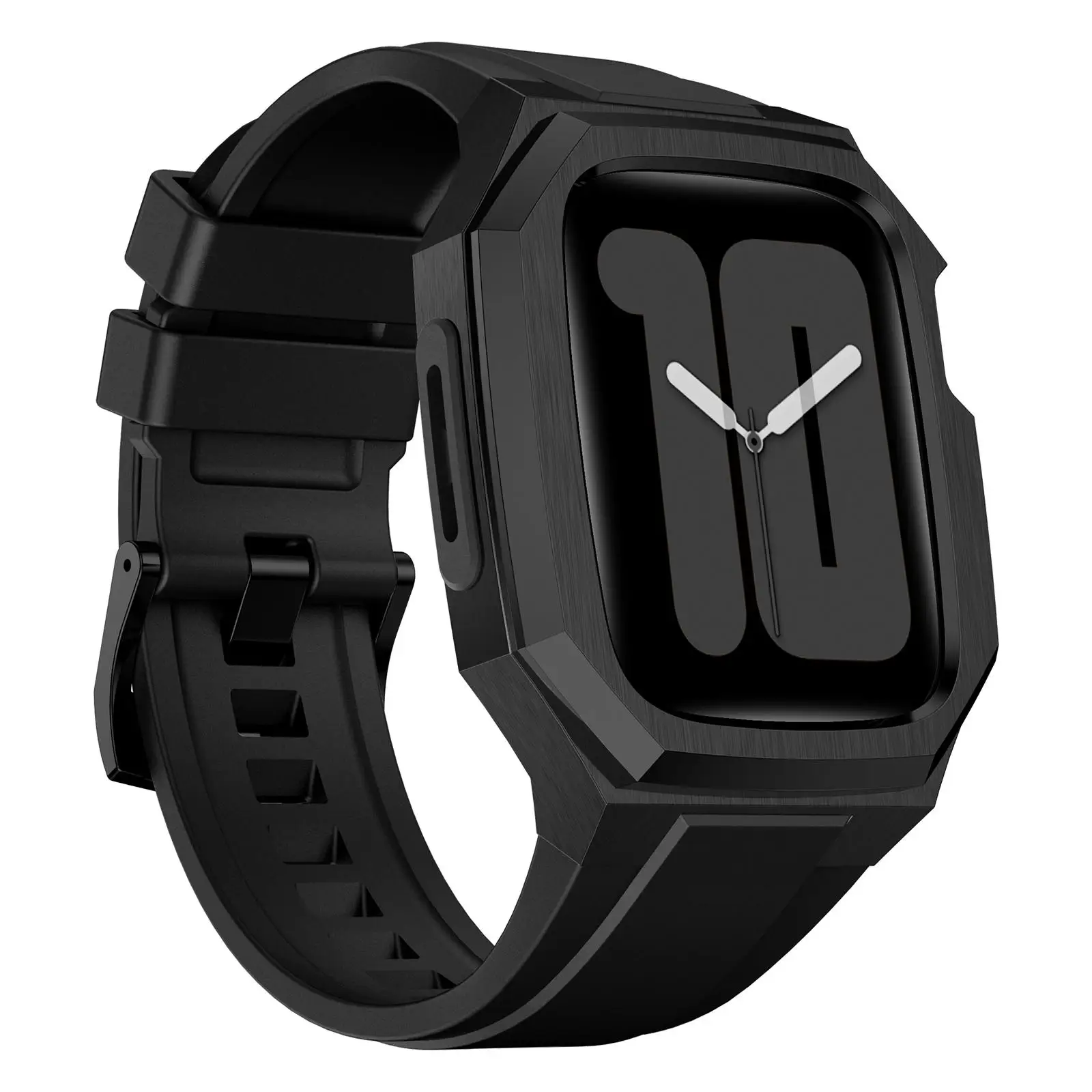For Apple Watch Series SE / 6 / 5 / 4 44mm Stainless Steel Protective Case Integrated Fluororubber Watch Band(Black)