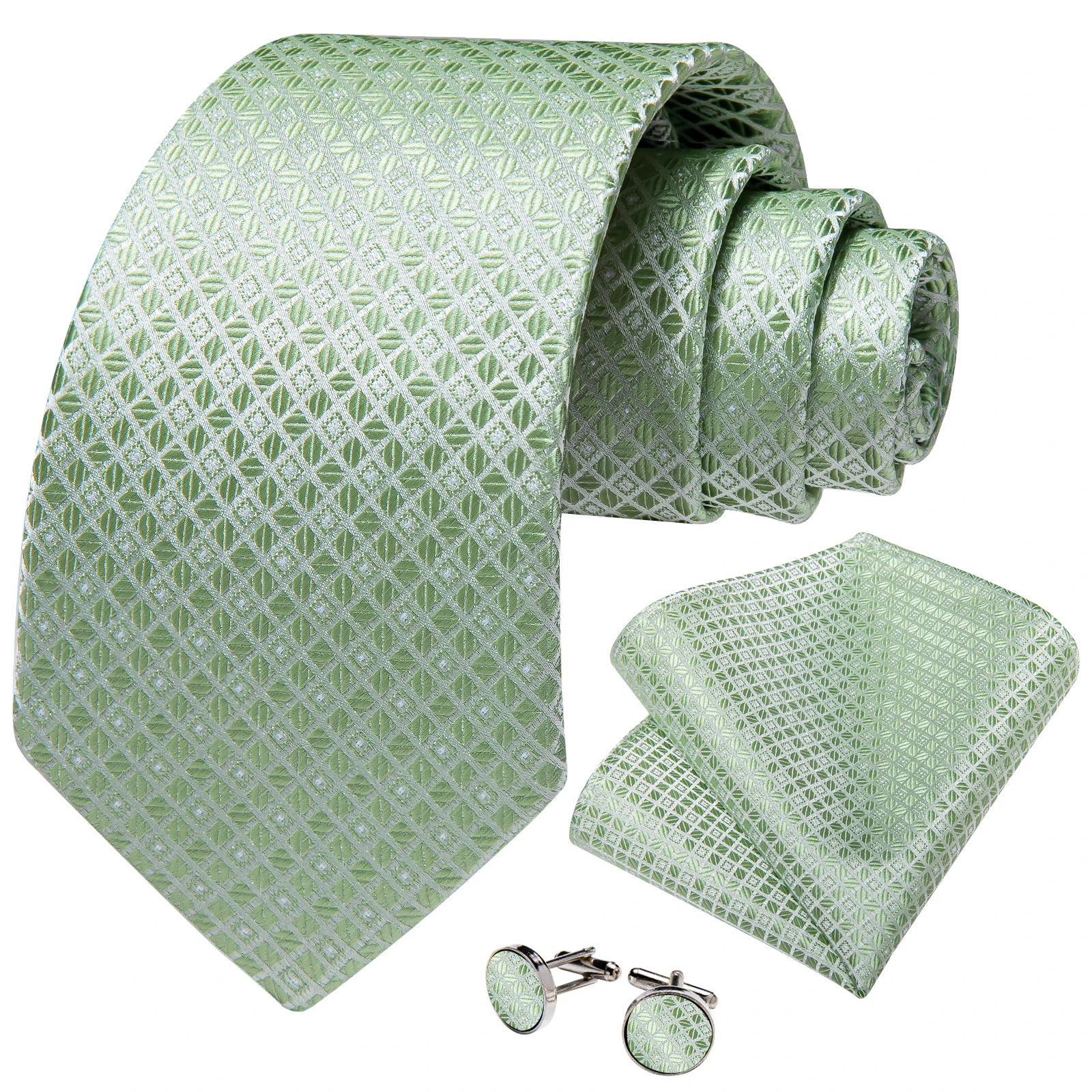 Geometric Diamond Mens Tie 3pcs Set, With Pocket Square And Cufflinks, Elegant Accessory For Wedding Party Business Gifting
