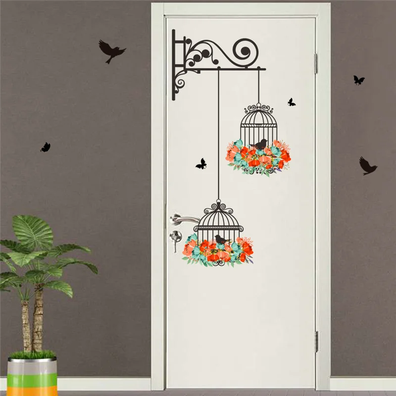 Creative Bird Cage With Flower Wall Art Sticker For Office Shop Bedroom Home Decor Diy 3d Mural Art Pvc Wall Decal