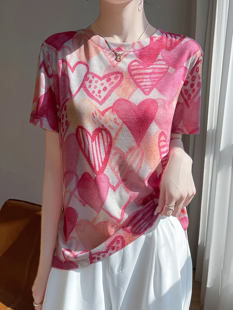 

Женская свободная вязаная футболка с коротким рукавом, круглым вырезом, принтом, повседневная, базовая, с животным узором, прямого кроя