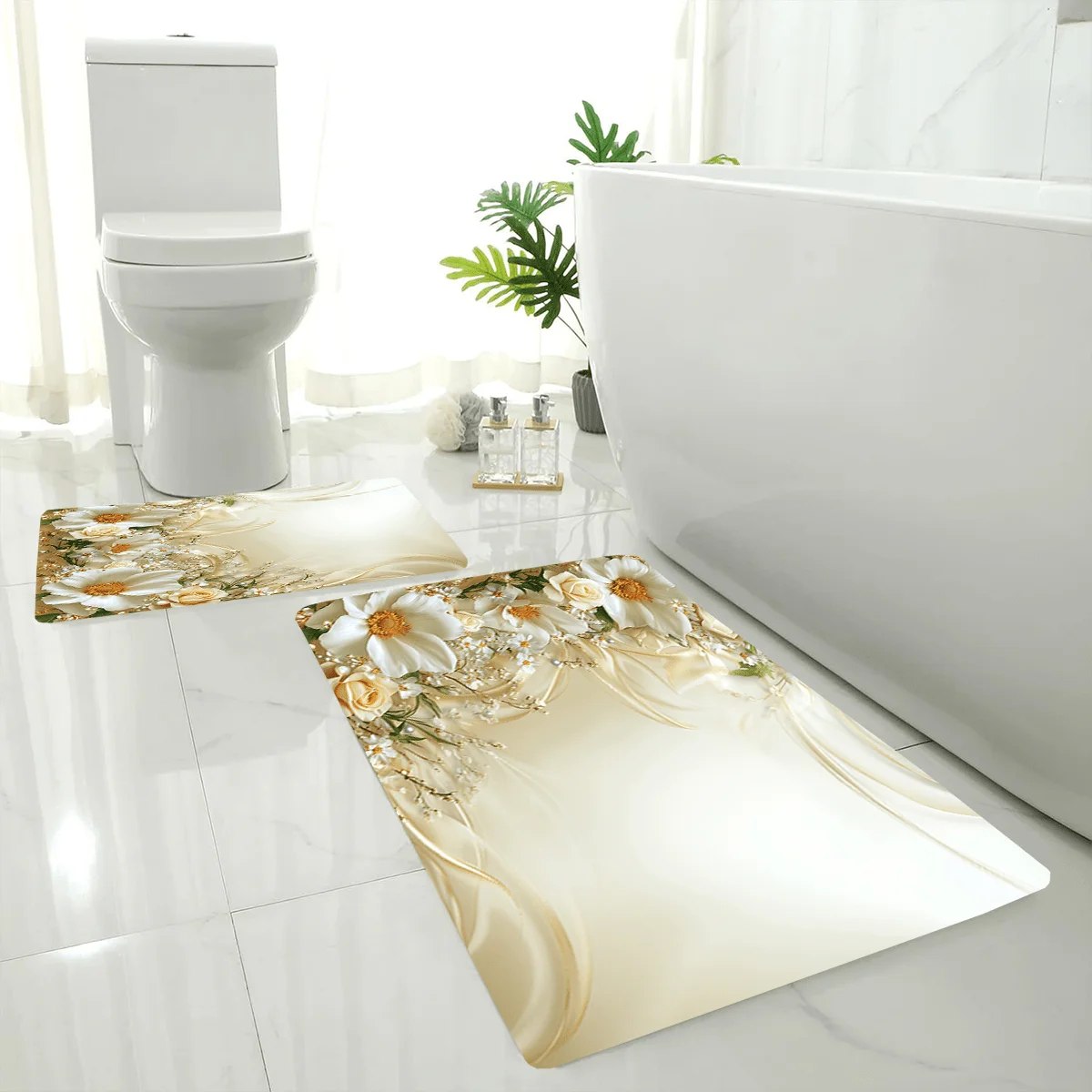 2pcs/ 3pcs/ Set Flower Decoration Printed Bathroom Floor Mat Set, Home Decoration Area Carpet, Machine Washable, Wash Basin Ba