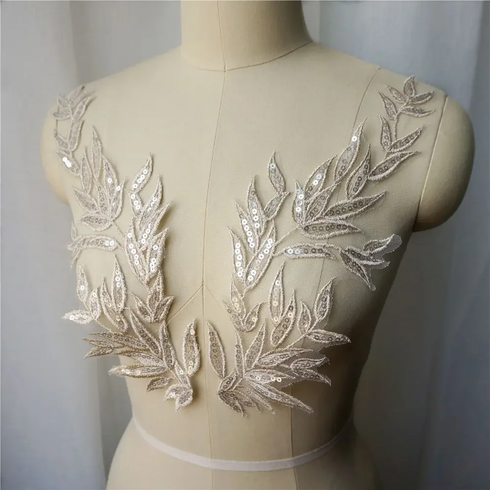 2PCS Light Gold Leaf Leaves Lace Fabric Sequin Embroidered Gown Appliques Collar Sew Patches For Wedding Decoration Dress DIY