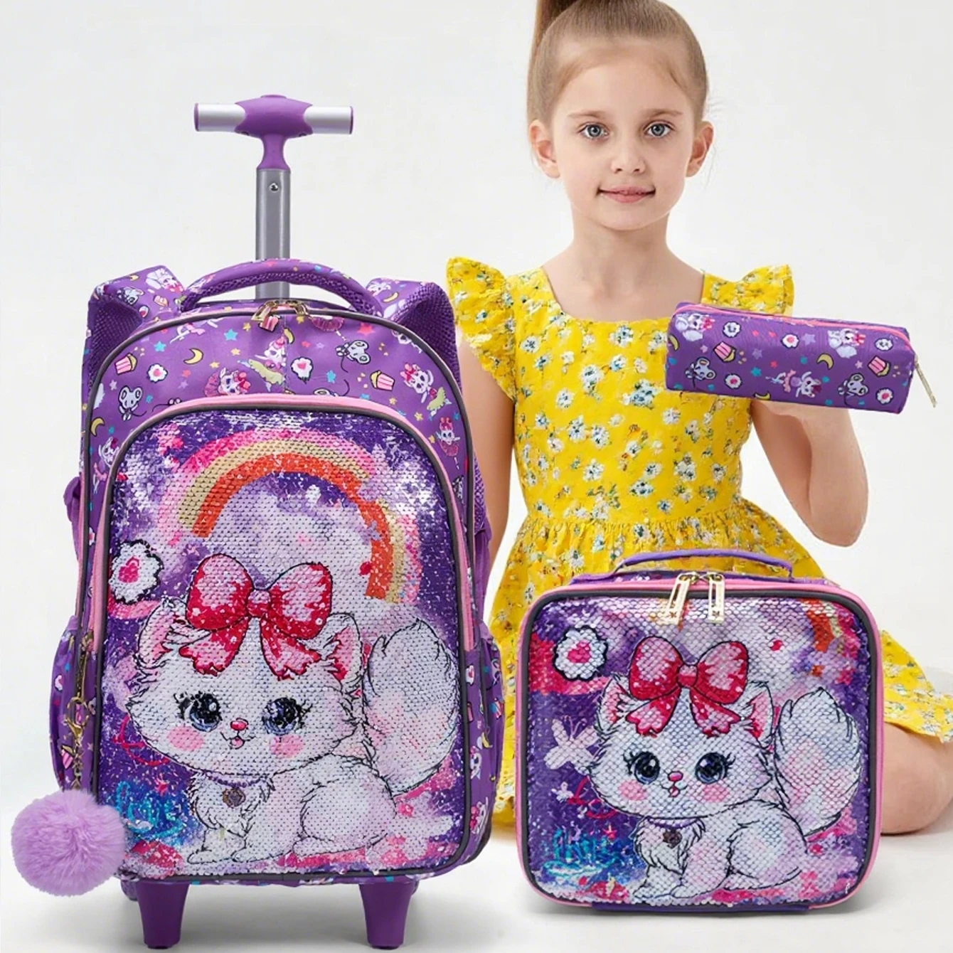 

3PCS Set Rolling Backpack For Girls, Cute Cartoon Cat Sequin Design Wheeled Bags With Lunch Box And Pen Bag-Purple Red