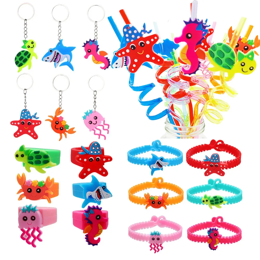 Sea Animal Decoration Rings Slap Bracelet Rubber Bracelet Keychain Toy Gifts Under The Sea Party Supplies Children Favors Gifts