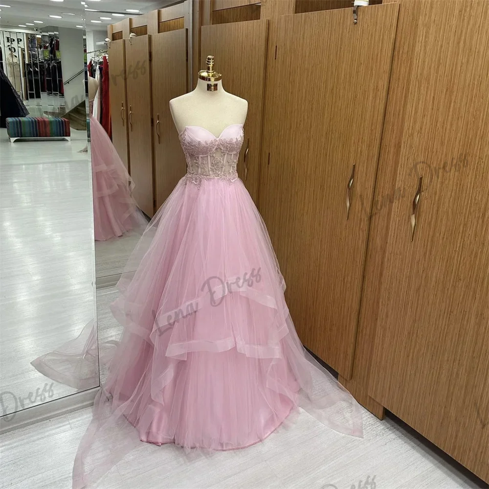 Lena-Pink Ball Dress 2024 Tulle Sticker A-line Evening Dress Birthday Wedding Formal Occasion Dress