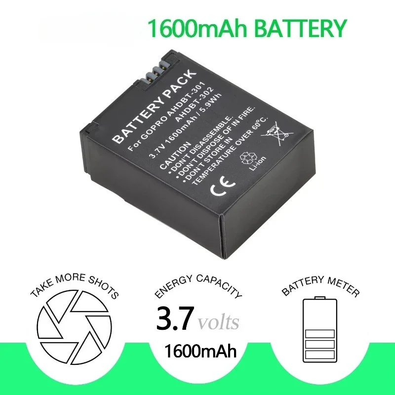 AHDBT-201 AHDBT-301 AHDBT-302 3.7V 1600mAh Rechargeable Li-ion Battery for GoPro Hero3 Hero3+ Silver Black White Sports Camera