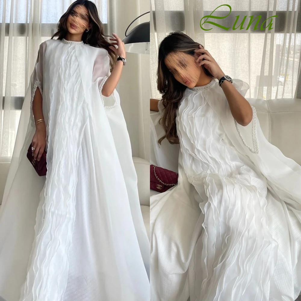 Robe de soirée classique personnalisée, col rond, demi-manches, en mousseline douce, froncée, robes de bal, tempérament, robes de mariée blanches