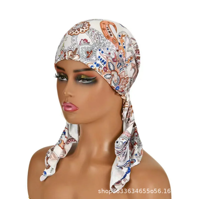 Ethnic Turban Hat for Women Long Dreadlock Cap Summer Cotton Chemo Head Scarf Pre-Tied Slouchy Beanie Windproof