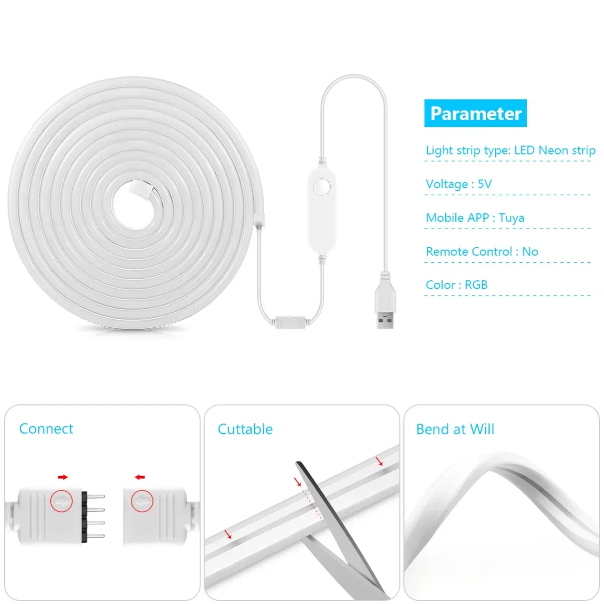 TUYA 스마트 WiFi RGB 네온 스트립 라이트 USB 5V Alexa Google 홈 에코 플러스 APP 음성 제어 음악 동적 동기화 재미있는 홈 장식