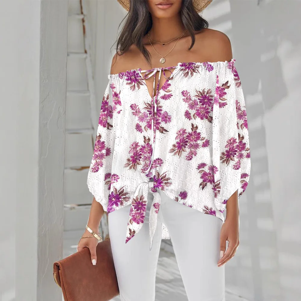 Women Strapless Floral Print Off Shoulder Eyelet Embroidery Blouse Three Quarter Sleeve Tied Detail Top