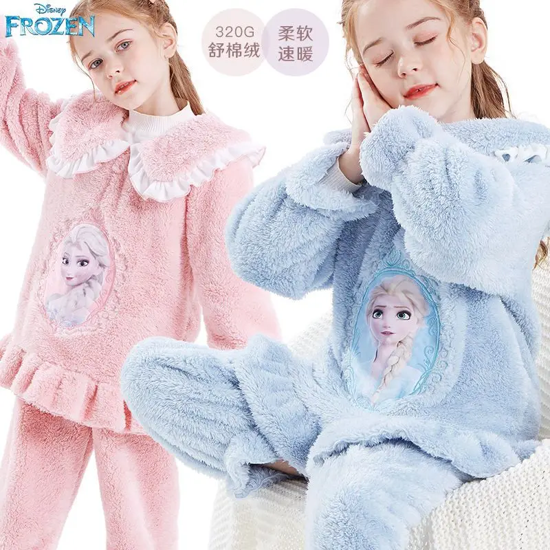 Disney Frozen Girls Kawaii Pajamas Set Elsa Flannel Children's Thickened Autumn and Winter New Quick Warm Princess Home Clothes