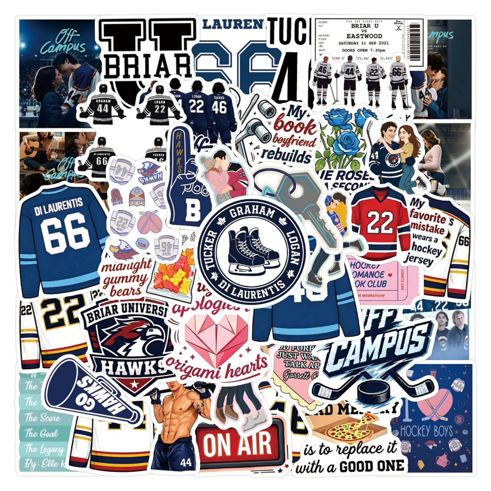 50Pcs Off Campus Briar Aesthetic Sticker Dean Di Laurentis 66 Blue Roses Sports Romance Book Decals for Laptop Skateboard Guitar