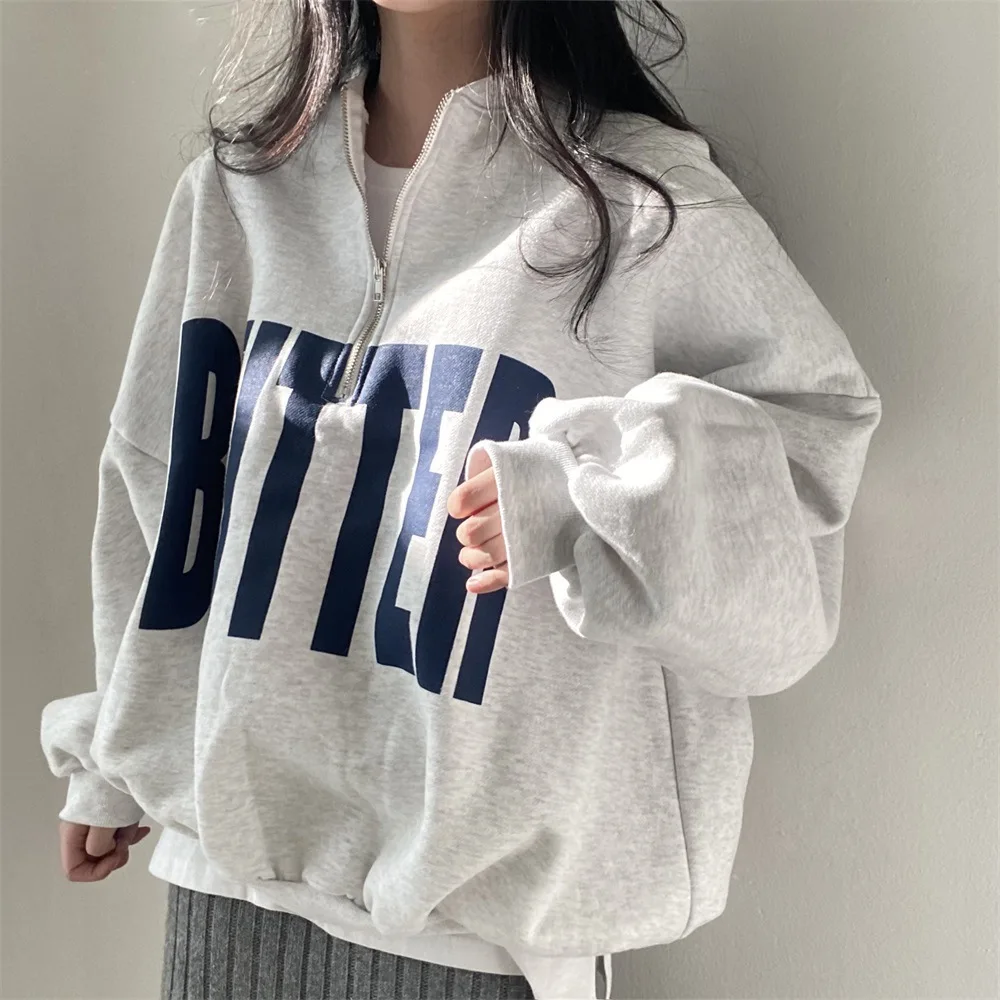 

Women Y2k Long Sleeve Sweatshirt Mujer 2025 Fashion All-match Stand Collar Zip Sweatshirts Autumn New Letter Print Tops Fall