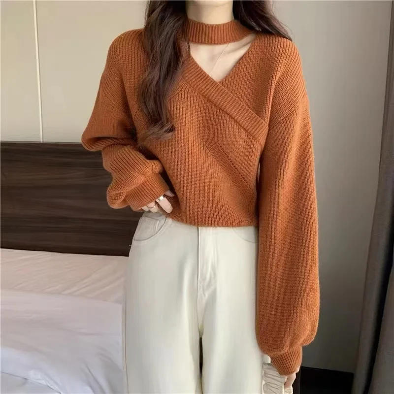 MiiiiX Casual Style Autumn Knitted Sweaters Women Pullover 2024 New V-neck Cross-over Halter Long-sleeved Tops Female Clothes