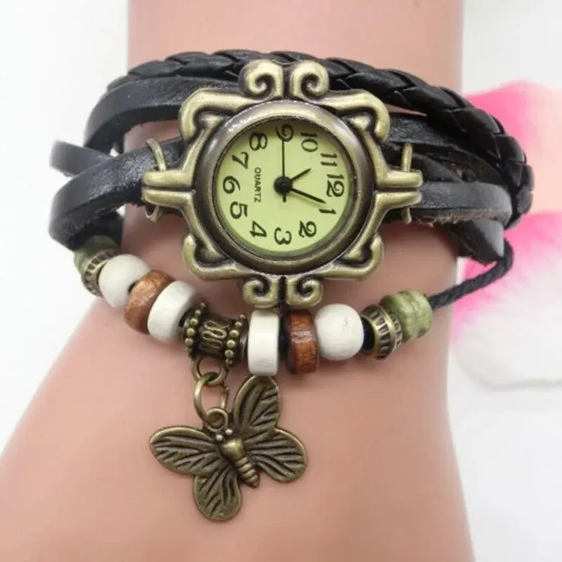 Fashion Retro Leather Strap Butterfly Pendant Women Bracelet Watch