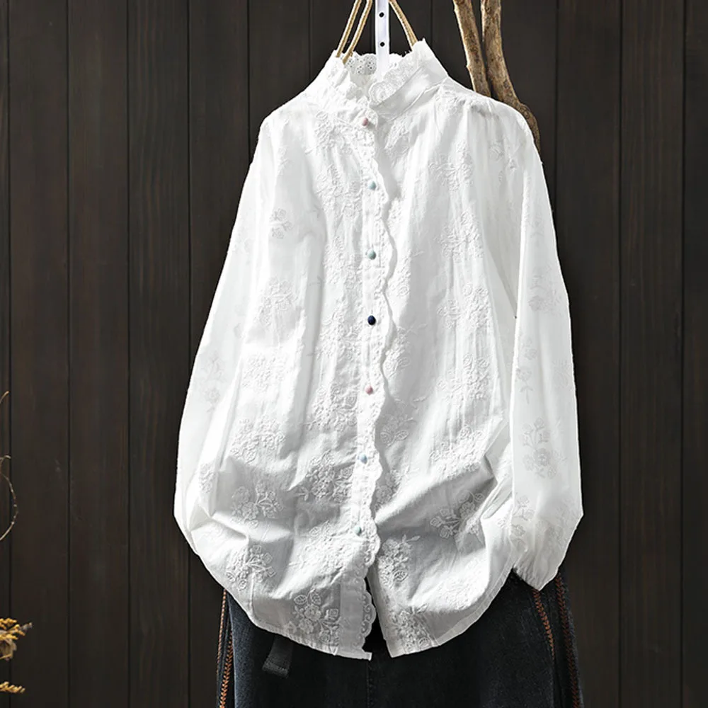 Elegancka bluzka damska 2025, 100% bawełna, w stylu boho, stójka, długi rękaw, biała, haftowana koszula damska ZT210