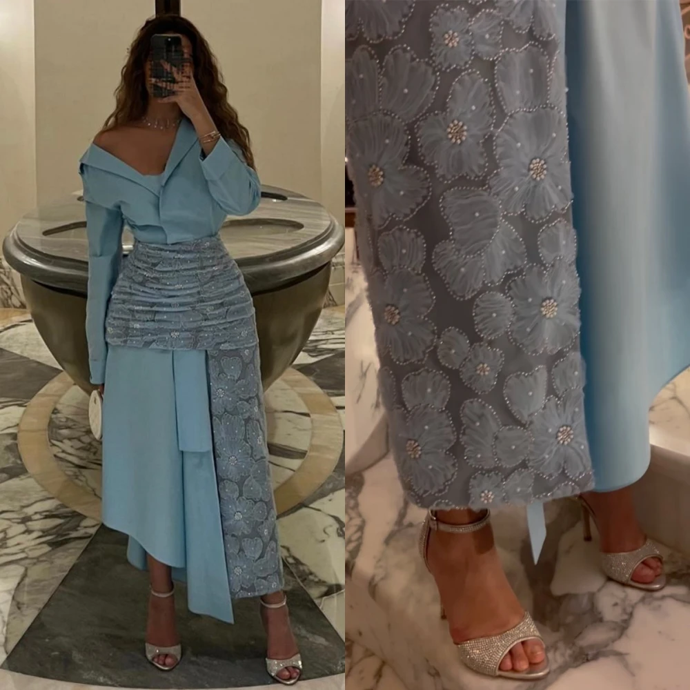 Customized Exquisite Fashion V Neck Sheath Flower Ankle Length Off the Shoulder Long Party Dress Formal Evening Gowns