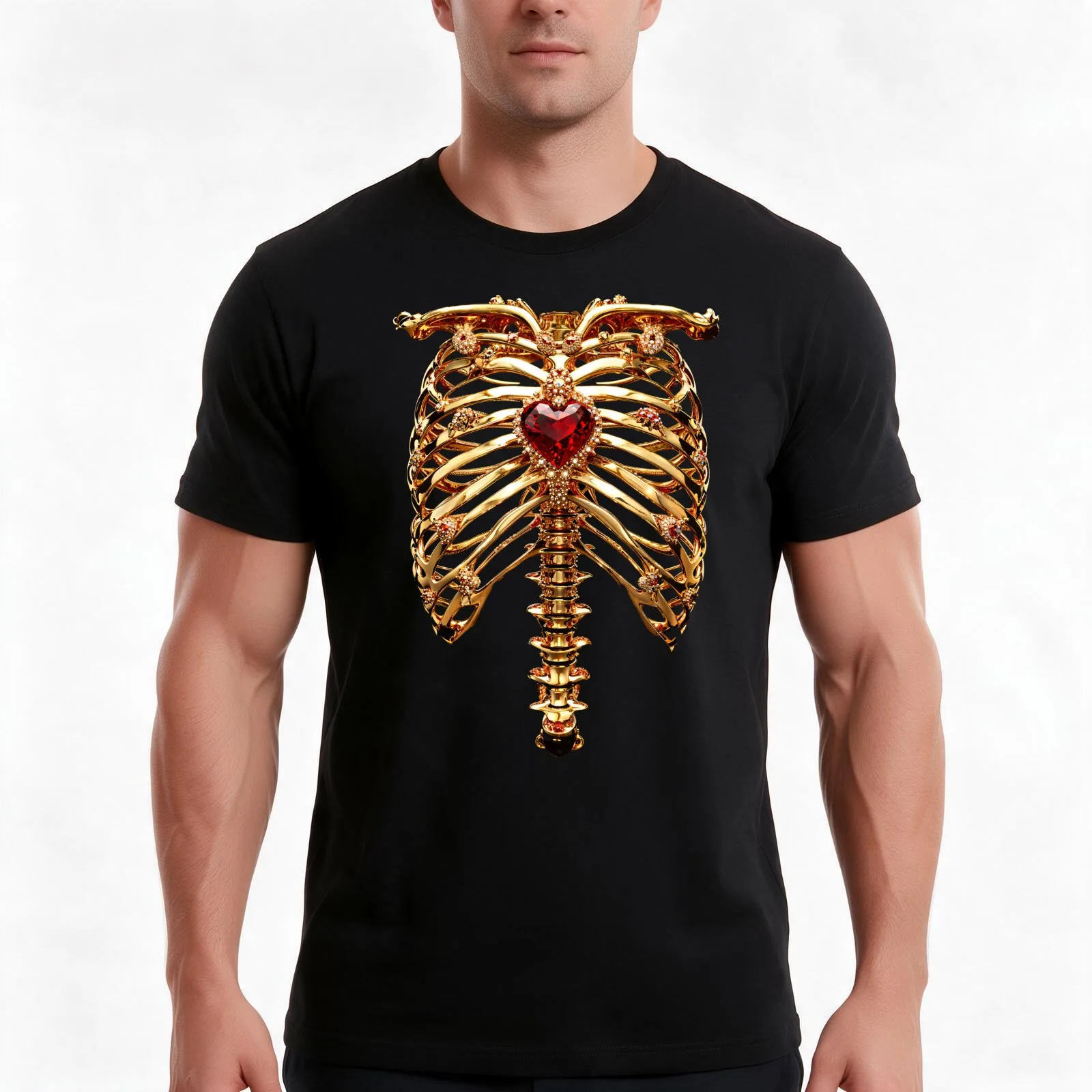 Ruby Heart Golden Ribcage T-Shirt, Summer Casual Cotton Tee, Oversized Streetwear Tops, Vintage Graphic Print, Unisex Men Women