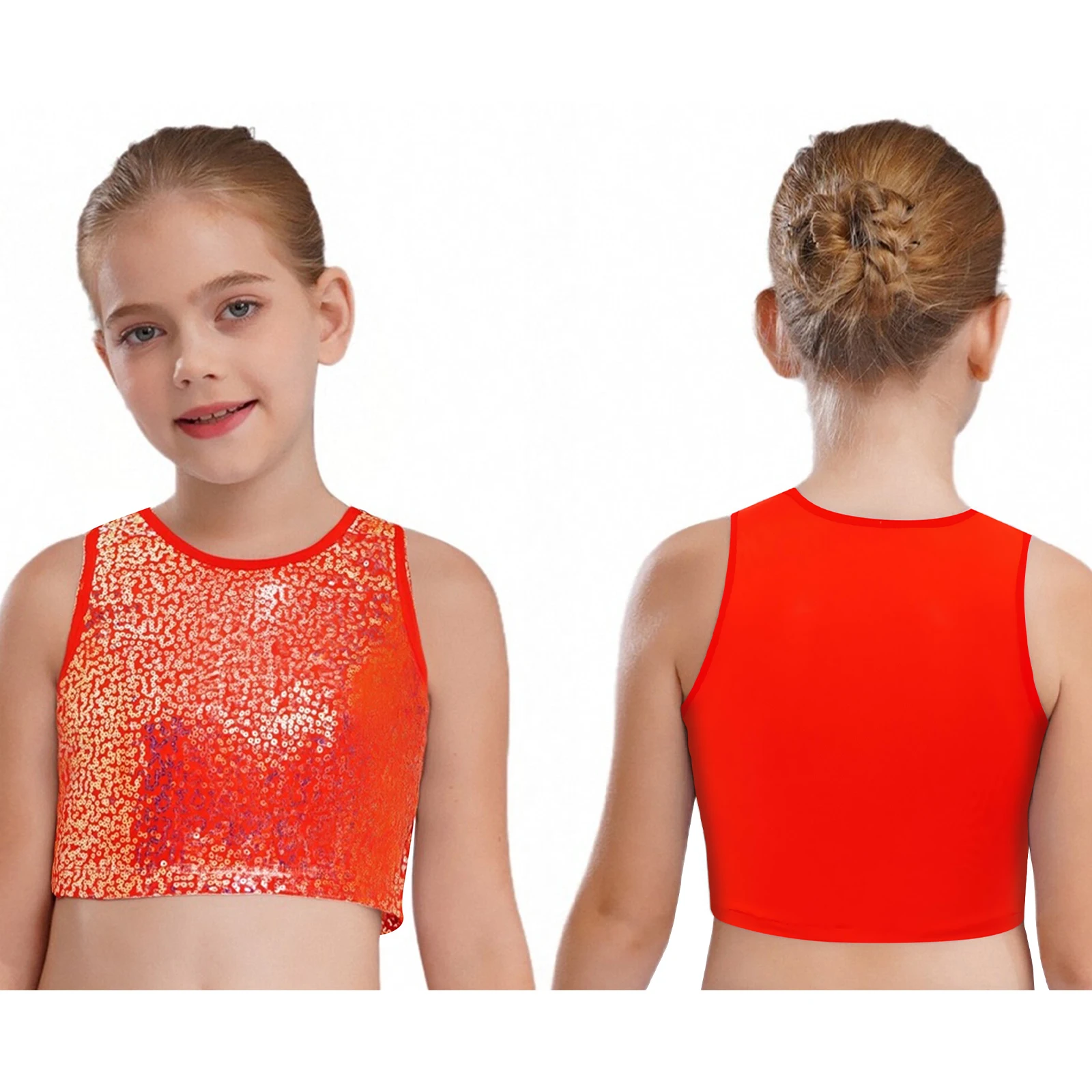 

Kids Girls Jazz Dance Cheerleading Stage Performance Sparkling Sequin Dance Crop Top Round Neck Sleeveless Vest Street Dancewear