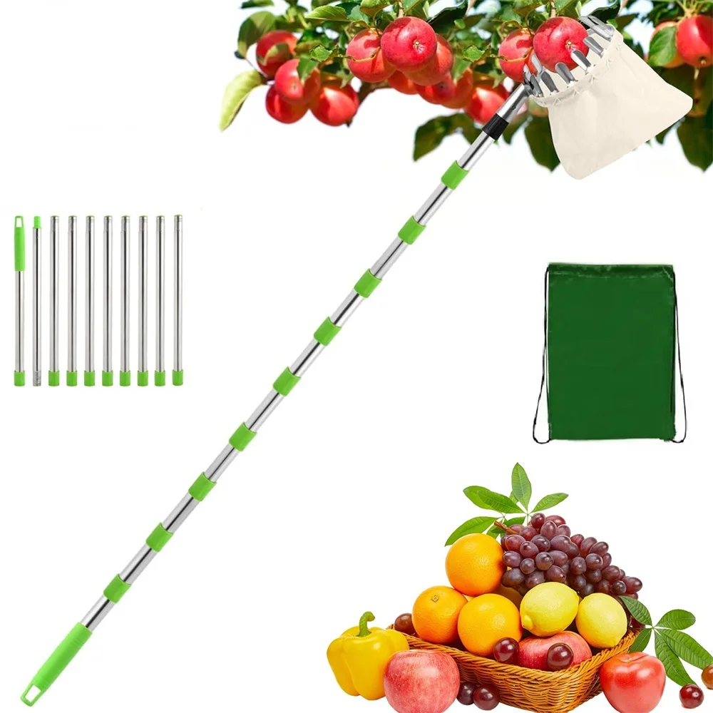 Apple Picker Fruit Picker with Telescopic Handle Long Fruit Harvester Picker with Stainless Steel Connecting Pole and Fabric Bag