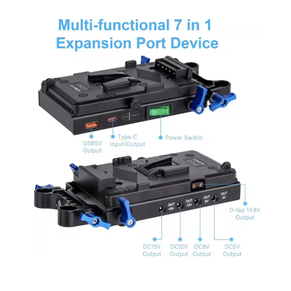 

Multi-functional 7 in 1 Expansion Port Device USB Type C D-tap DC with 15mm Adjustable Rod Clamp V-mount Battery Pack Plate