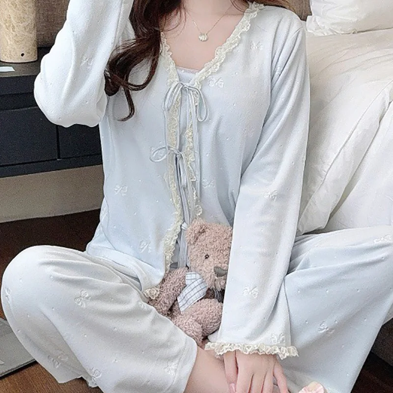 Sexy Pajamas for Women New Style Home Wear Three-piece Set Double-sided Island Velvet Warm Autumn Chest Pad Winter Pajamas