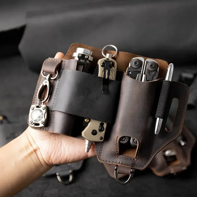 Swayboo Cowhide / PU Leather EDC Tactical Tools Case Outdoor Survival Storage Waistpack Multipurpose Flashlight Knife Bag