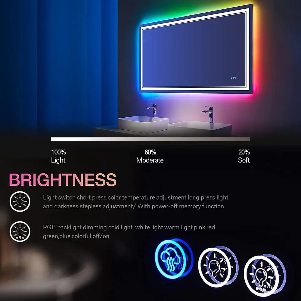 Miroir de salle de bain LED 40 x 32 pouces avec rétroéclairage RVB à couleur changeante, antibuée et miroir de courtoisie à intensité variable