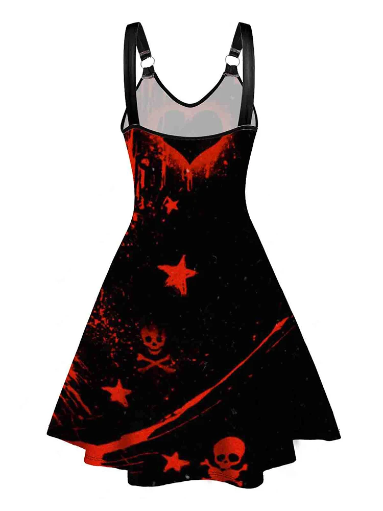 Women Midi Dresses Heart Skull Bleeding Star Print V Neck Dress O Ring Straps Sleeveless A Line Tank Dress 2024 New