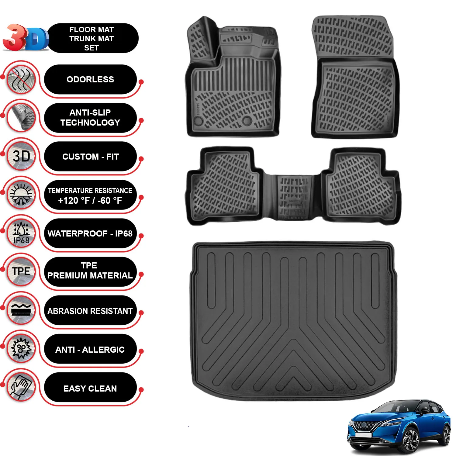 

Nissan Qashqai - (2022-2023) - Floor Mats + Cargo Trunk Liner - SET - (Black)