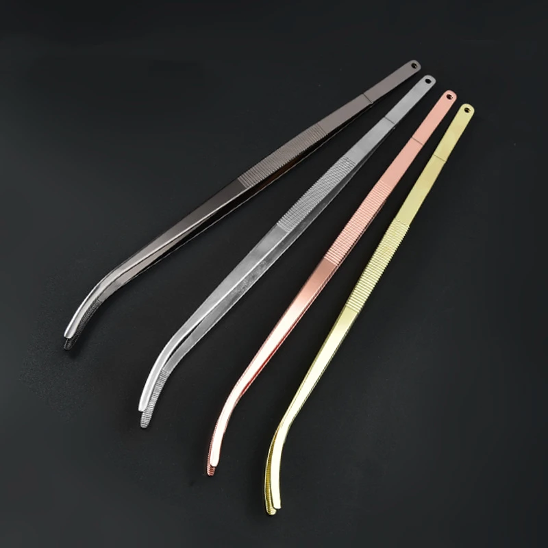 

30cm Bent Silver/Copper/Gold/Black Stainless Steel Kitchen & Bar Tweezer Food Tongs Kitchen Cooking Medical Tweezers