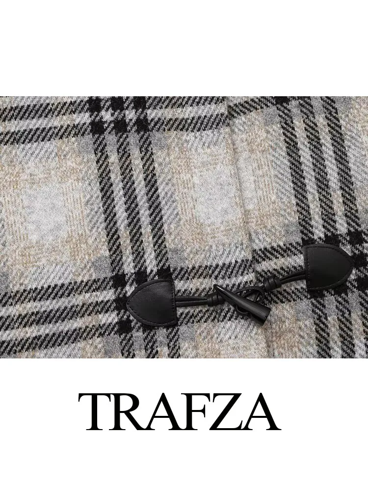 Trafza-女性の市松模様のホーンボタン長袖ジャケット,シック,ハイストリート,カジュアルポケット,フード付きコート,冬,女性のファッション,新しい