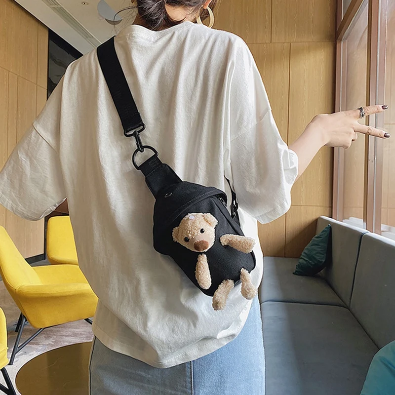 Fashion Cartoon Doll Chest Bag Women's Cute Sports Bear Bag Casual Messenger Bag Mini Student Canvas Bag