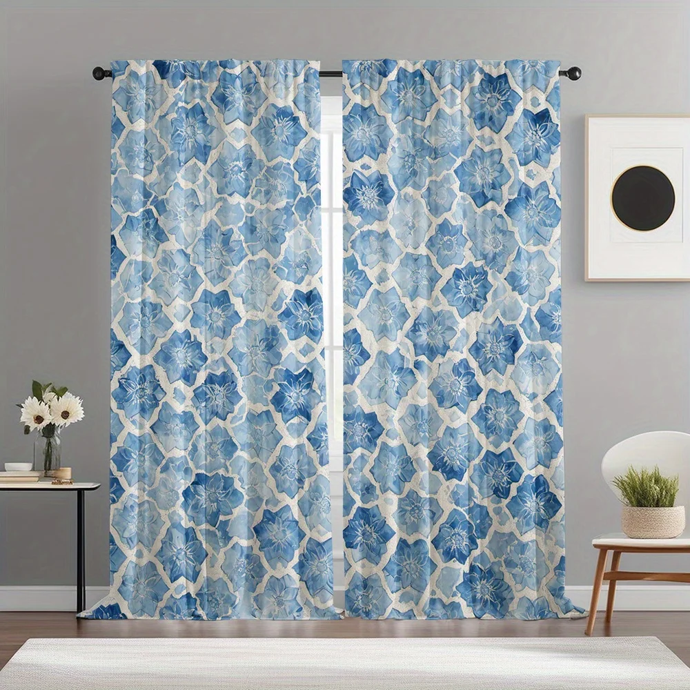2pcs Mediterranean Blue And White Geometric Printed Curtains, Modern Art Style with Rod Pocket for Home Decoration, Suitable for