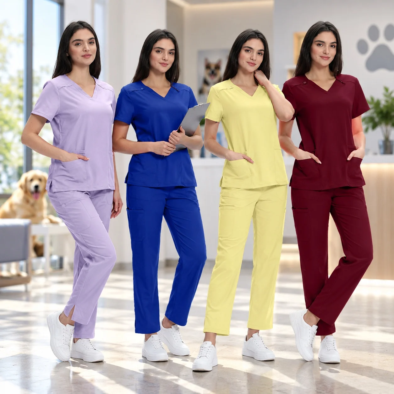conjunto-de-pantalon-largo-y-camiseta-de-manga-corta-de-corte-informal-y-largo-con-cuello-alto-manga-estandar-ideal-para-el-verano-para-mujeres-y-hombres-como-uniforme-de-trabajo-para-veterinarios