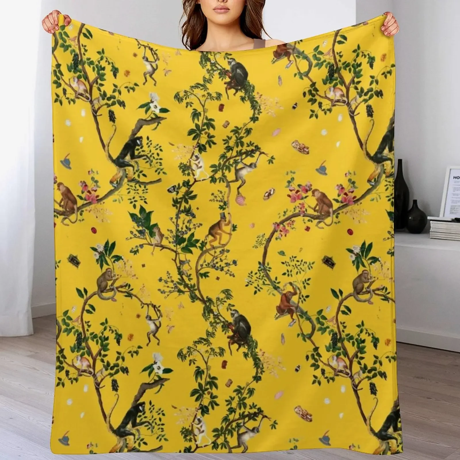 

Monkey World Yellow Throw Blanket warm winter Vintage funny gift blankets and throws Blankets