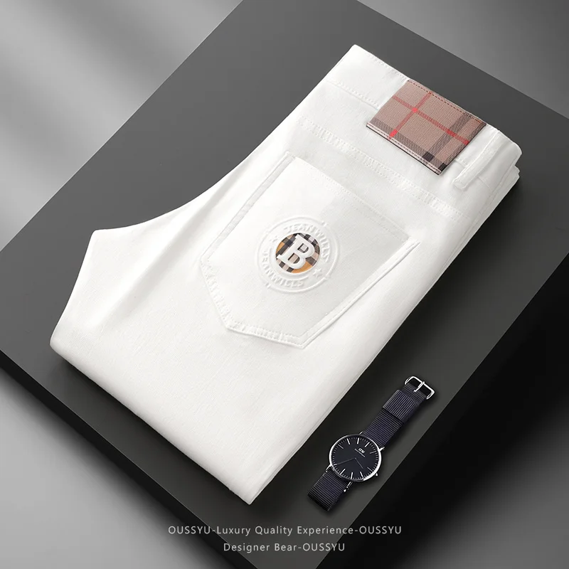 

Luxury Experience White 98%Cotton Jeans Men Business Slim Straight Elastic Casual Trousers Autumn Winter Design European Size 40