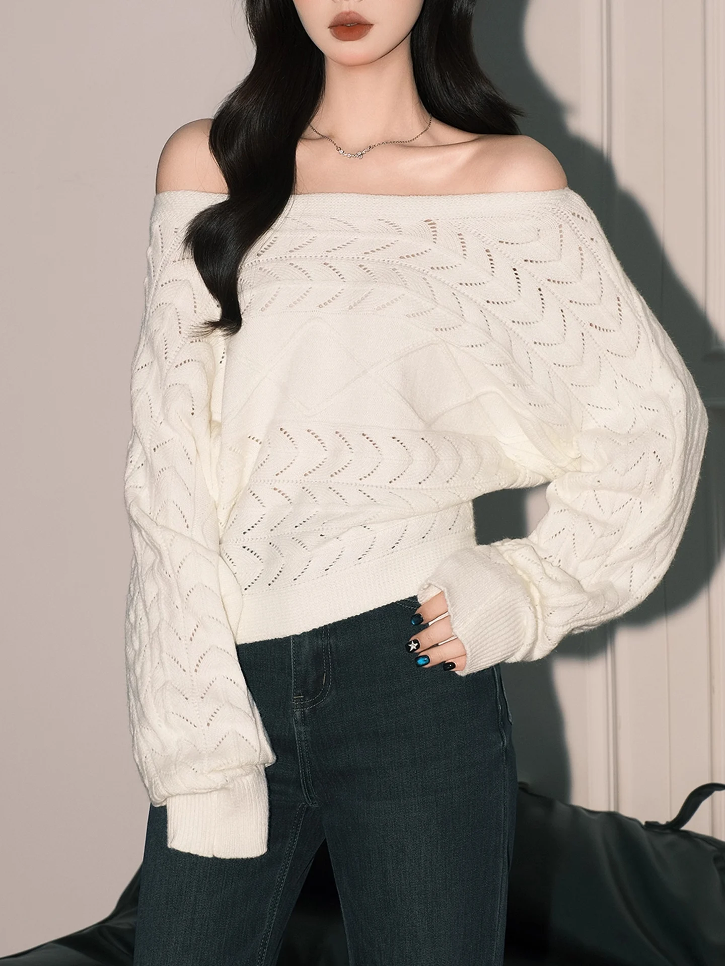 

Женский вязаный шерстяной свитер Long Sve с вырезом в виде летучей мыши, облегающий зимний модный мягкий белый повседневный топ