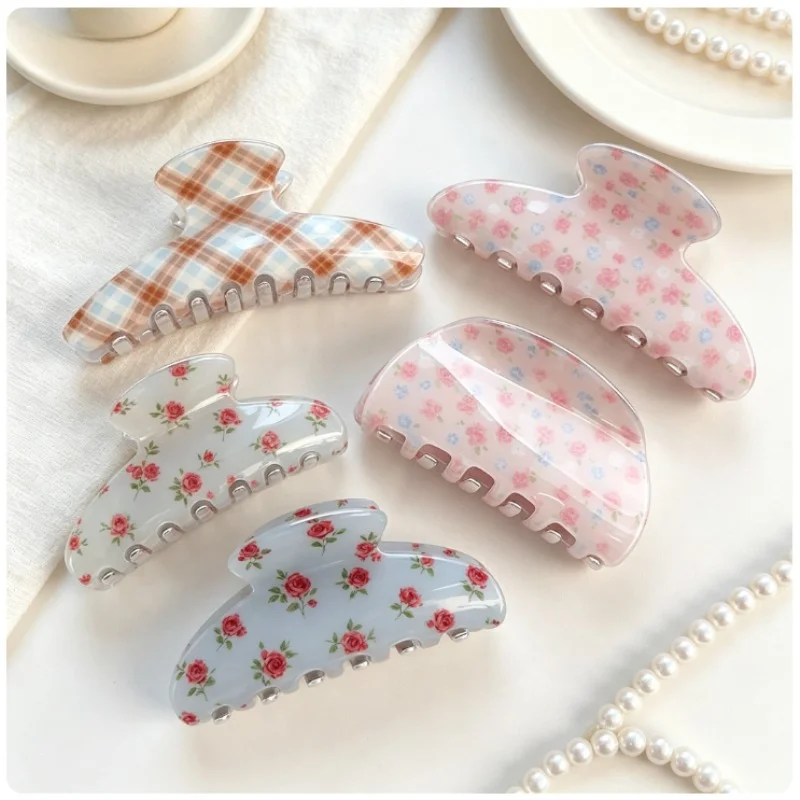 Floral Plaid Hair Claw Clip Women Sweet Back Bun Barrettes Multi Pattern Casual Daily Hairstyle Hair Accessory