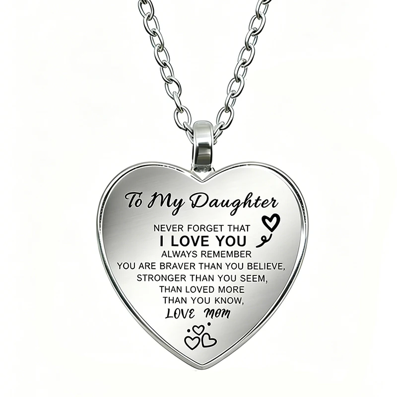 Collier avec pendentif en forme de cœur en verre gravé avec citation d'amour de maman et de papa, bijoux souvenir émotionnel pour fille, cadeau