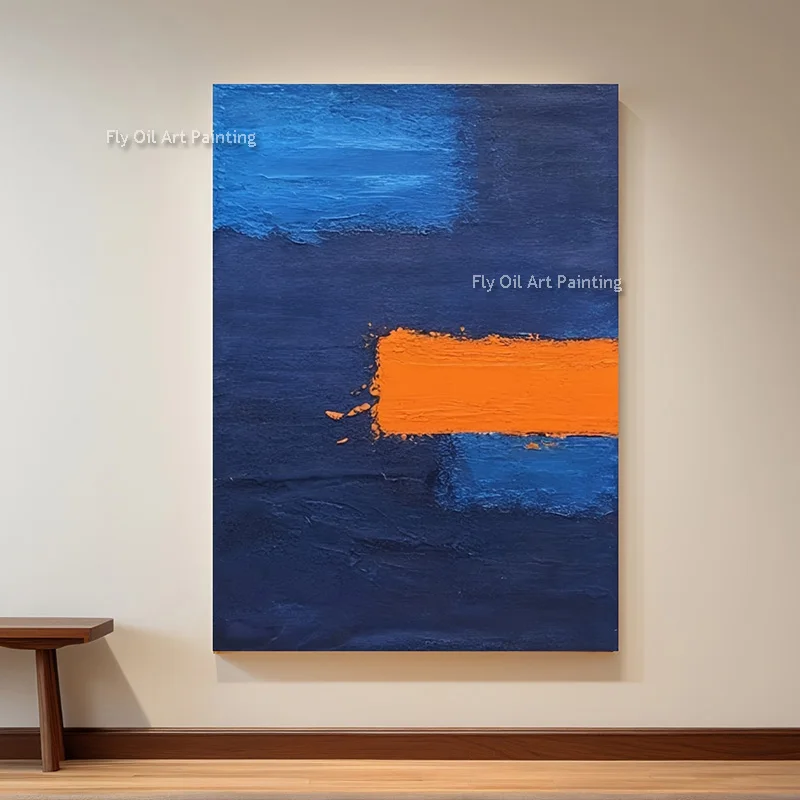 Navy Blue And Orange Minimalism Canvas Thick Oil Painting Large Original Design Popular Hand Made Light Blue Artwork For Wall De