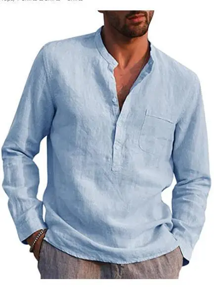 Plus Size Men Shirt Cotton Linen Hot Sale Men\'s Long-Sleeved Shirts Summer Solid Color Stand-Up Collar Casual Beach Style