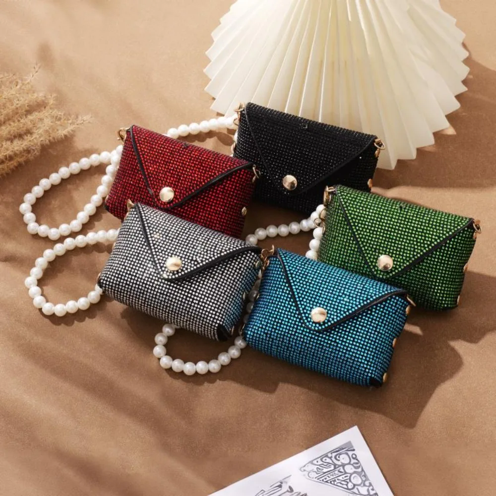 New Portable Makeup Bag Diamond Studded Rhinestone Key Lipstick Bag Pearl Chain Storage Bag Gift